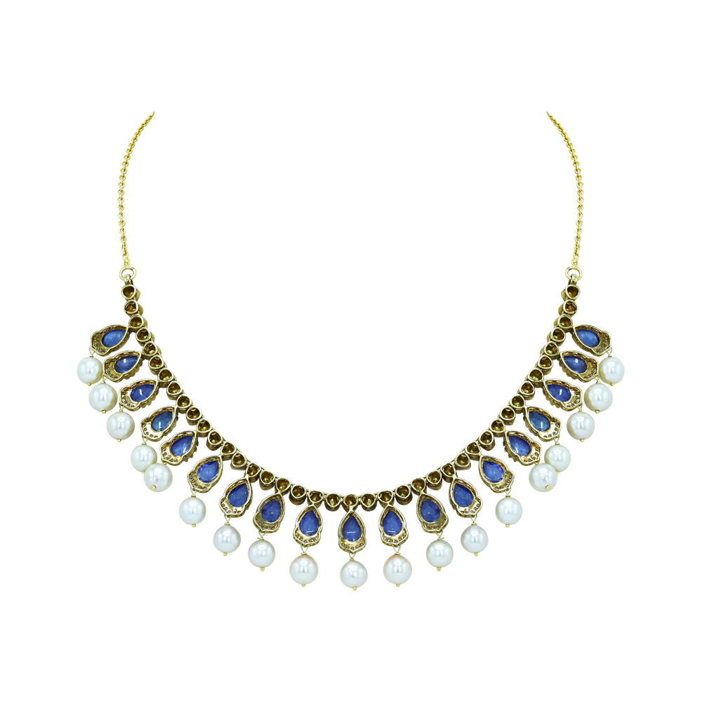Tanzanite Necklace Set with Polki Diamonds and Pearl Drops